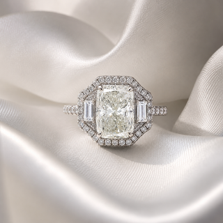 Natural Cushion Cut Diamond Halo 3 Stone Ring 18KT White Gold