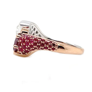 Natural Mined Ruby Pear-Shaped Burmese and Rose Cut Diamond Bypass Ring Two-Tone Gold