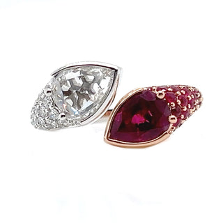 Natural Mined Ruby Pear-Shaped Burmese and Rose Cut Diamond Bypass Ring Two-Tone Gold