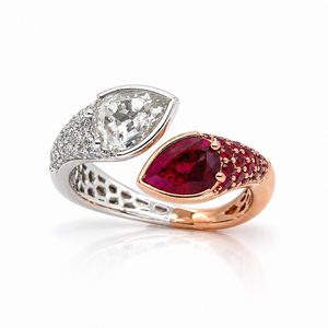 Natural Ruby Pear-Shaped Burmese and Rose Cut Diamond Bypass Ring Two-Tone 18KT Gold