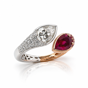 Natural Ruby Pear-Shaped Burmese and Rose Cut Diamond Bypass Ring Two-Tone 18KT Gold