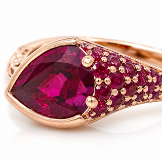 Natural Ruby Pear-Shaped Burmese and Rose Cut Diamond Bypass Ring Two-Tone 18KT Gold