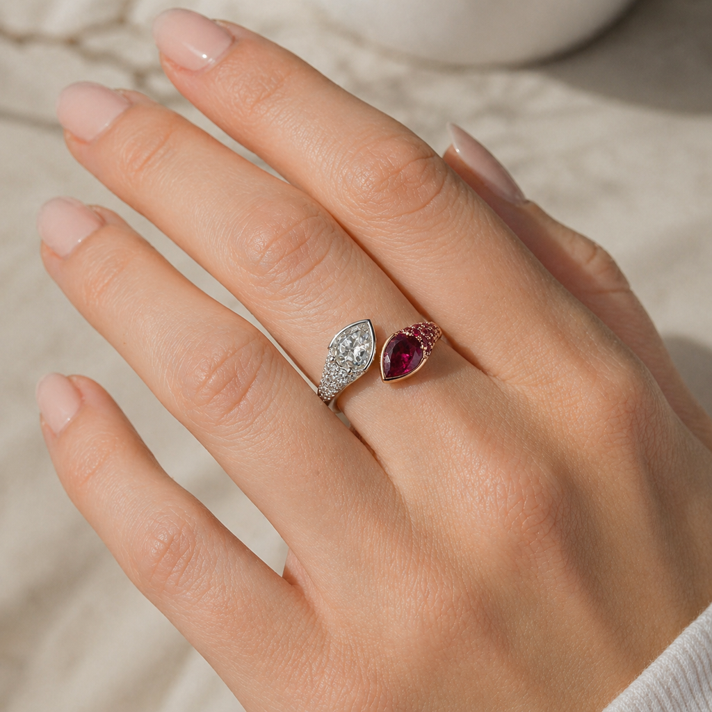 Natural Ruby Pear-Shaped Burmese and Rose Cut Diamond Bypass Ring Two-Tone 18KT Gold