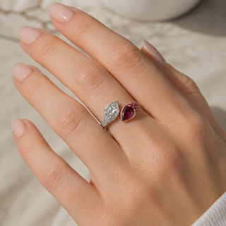Natural Ruby Pear-Shaped Burmese and Rose Cut Diamond Bypass Ring Two-Tone 18KT Gold