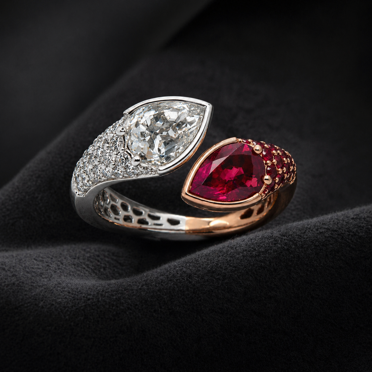 Natural Ruby Pear-Shaped Burmese and Rose Cut Diamond Bypass Ring Two-Tone 18KT Gold
