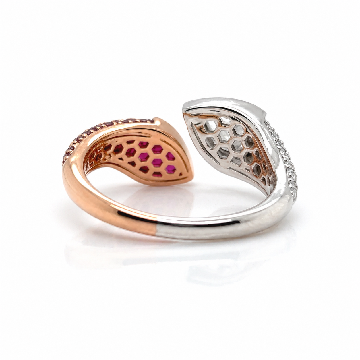 Natural Ruby Pear-Shaped Burmese and Rose Cut Diamond Bypass Ring Two-Tone 18KT Gold