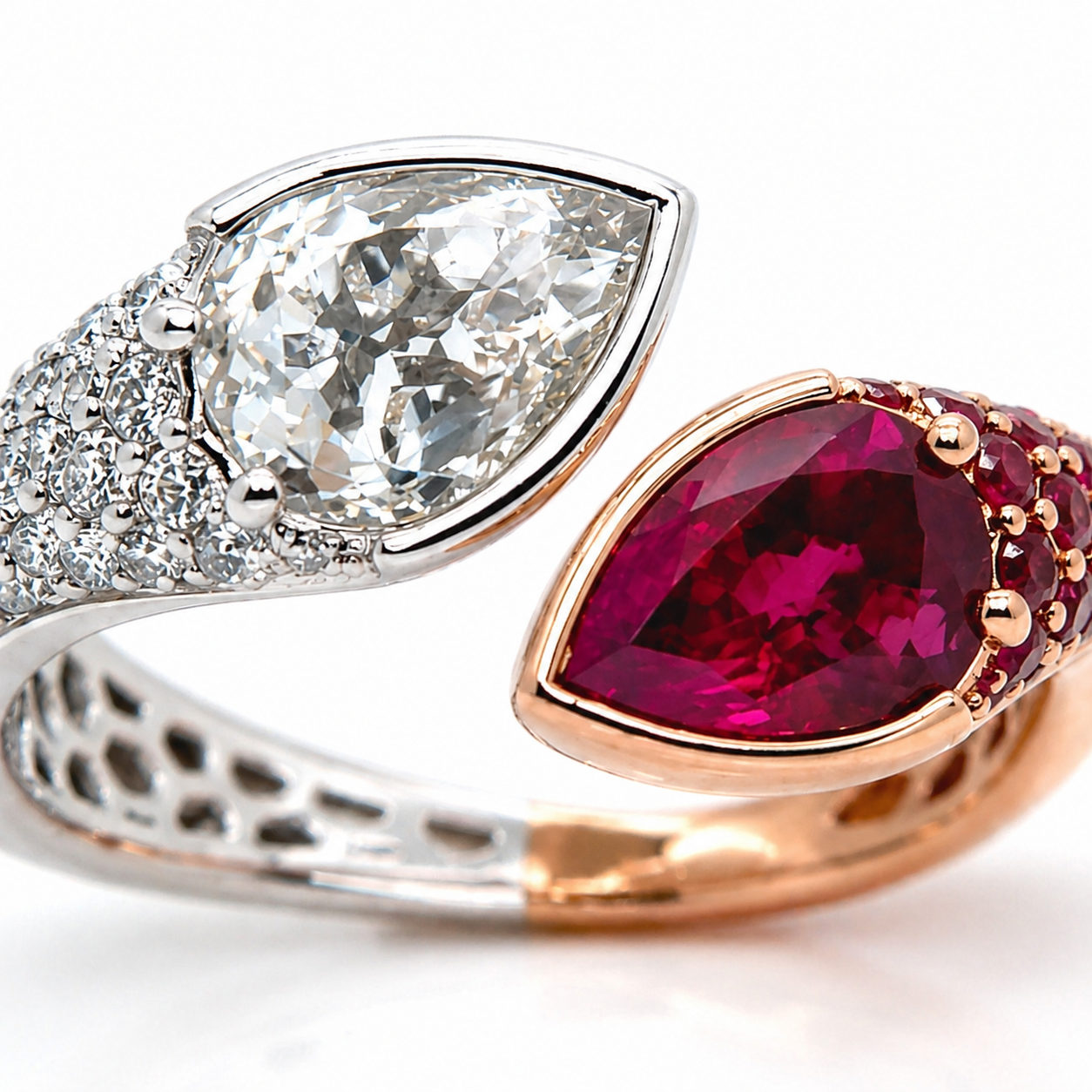Natural Ruby Pear-Shaped Burmese and Rose Cut Diamond Bypass Ring Two-Tone 18KT Gold