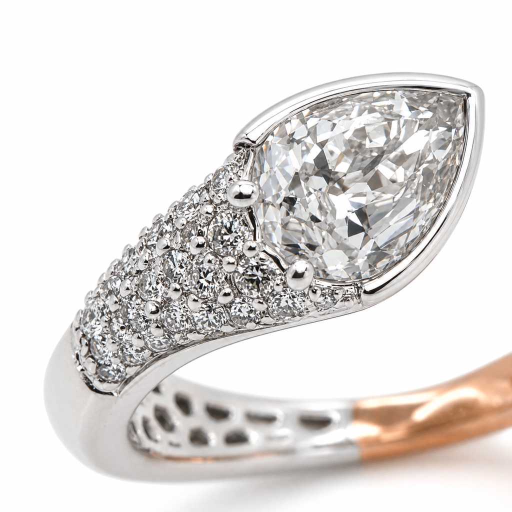 Natural Ruby Pear-Shaped Burmese and Rose Cut Diamond Bypass Ring Two-Tone 18KT Gold