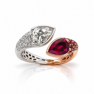 Natural Ruby Pear-Shaped Burmese and Rose Cut Diamond Bypass Ring Two-Tone 18KT Gold