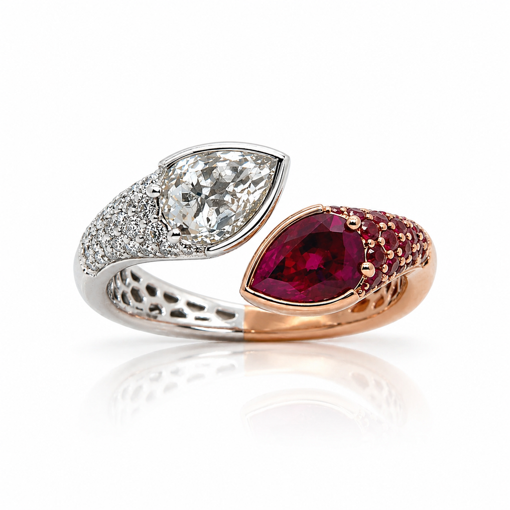 Natural Ruby Pear-Shaped Burmese and Rose Cut Diamond Bypass Ring Two-Tone 18KT Gold