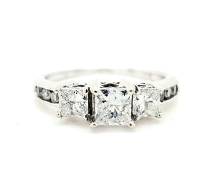 Natural Princess & Round Cut Diamond 3 Stone Ring, in White Gold