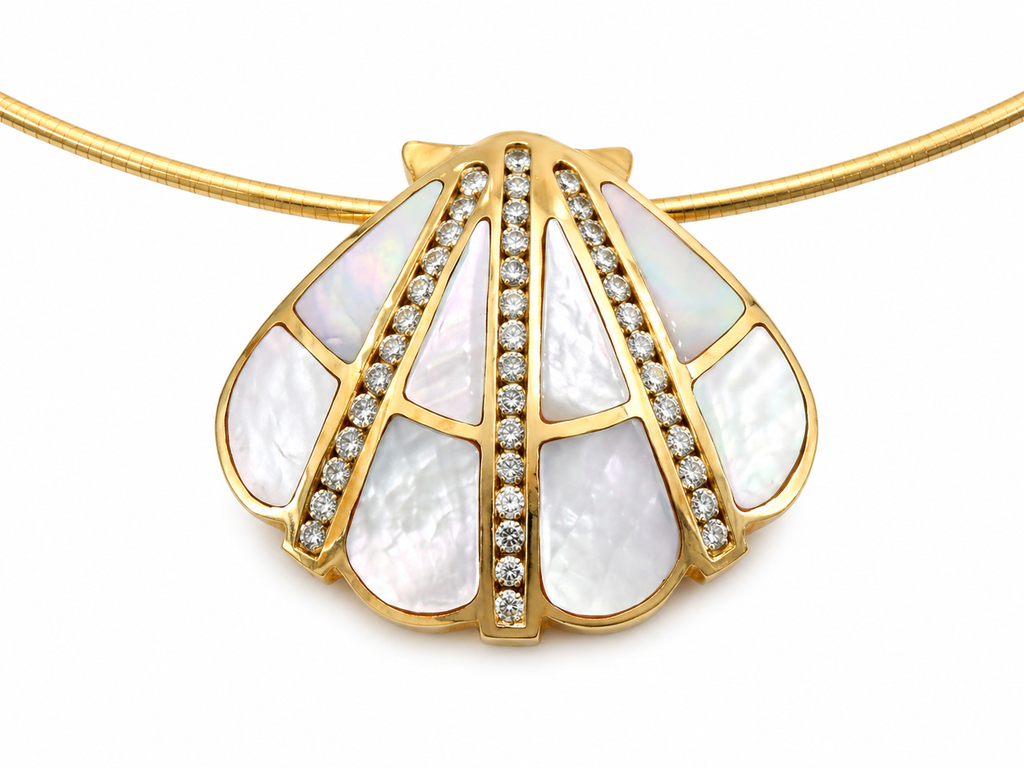 Natural Diamond Mother of Pearl Cocktail Necklace Pendant 14KT Yellow Gold