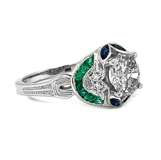 Natural Diamond and Gemstone Cluster Art Deco Ring, in White Gold