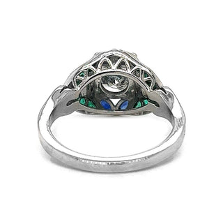 Natural Diamond and Gemstone Cluster Art Deco Ring, in White Gold