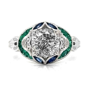 Natural Diamond and Gemstone Cluster Art Deco Ring, in White Gold
