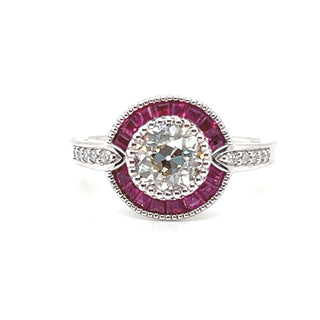 Natural Mined Diamond and Ruby Halo Cocktail Art Deco Ring White Gold