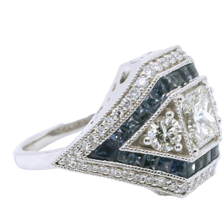 Natural Diamond and Sapphire Art Deco Bridal Cocktail Ring, in White Gold