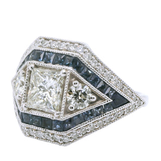 Natural Diamond and Sapphire Art Deco Bridal Cocktail Ring, in White Gold