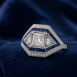 Natural Diamond and Sapphire Art Deco Bridal Cocktail Ring 18KT White Gold