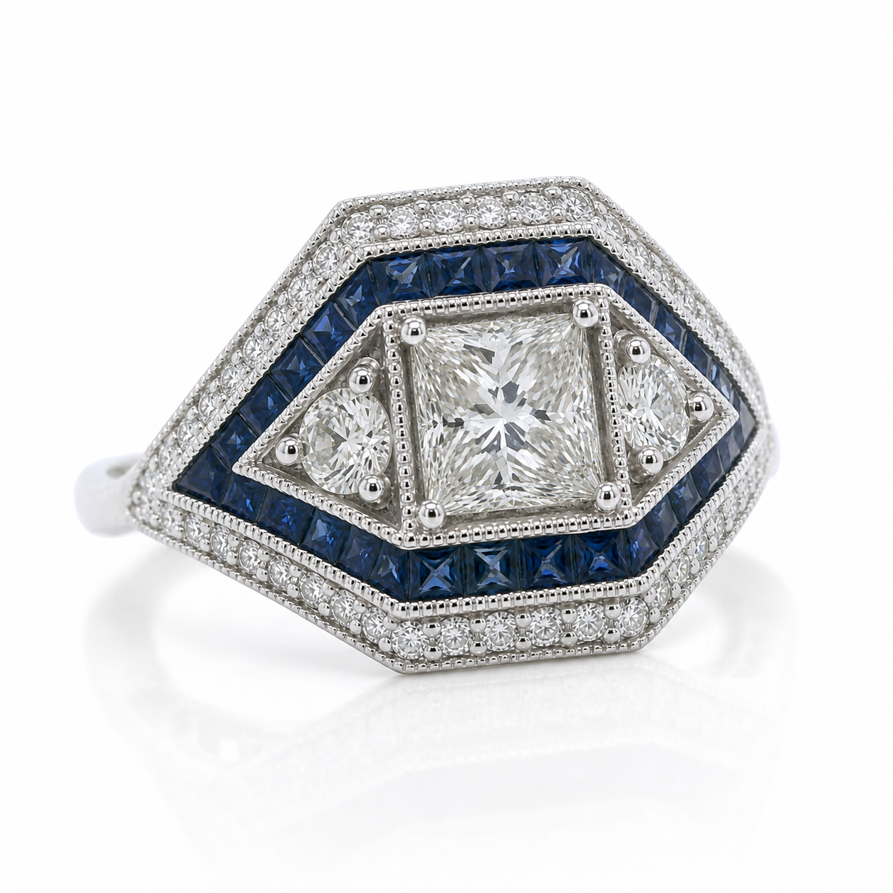 Natural Diamond and Sapphire Art Deco Bridal Cocktail Ring 18KT White Gold