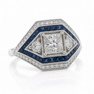 Natural Diamond and Sapphire Art Deco Bridal Cocktail Ring 18KT White Gold