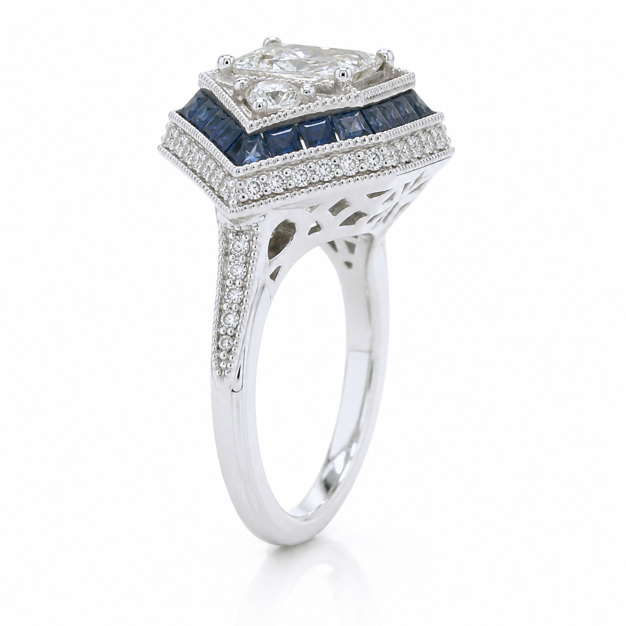 Natural Diamond and Sapphire Art Deco Bridal Cocktail Ring 18KT White Gold