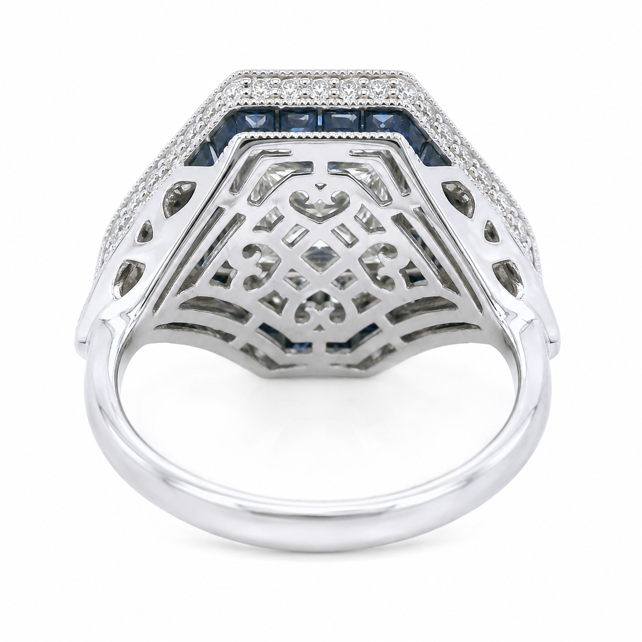 Natural Diamond and Sapphire Art Deco Bridal Cocktail Ring 18KT White Gold