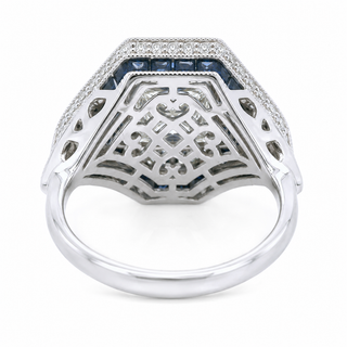 Natural Diamond and Sapphire Art Deco Bridal Cocktail Ring 18KT White Gold