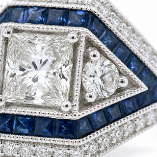 Natural Diamond and Sapphire Art Deco Bridal Cocktail Ring 18KT White Gold