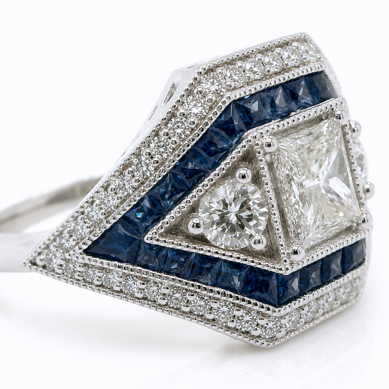 Natural Diamond and Sapphire Art Deco Bridal Cocktail Ring 18KT White Gold