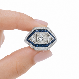 Natural Diamond and Sapphire Art Deco Bridal Cocktail Ring 18KT White Gold