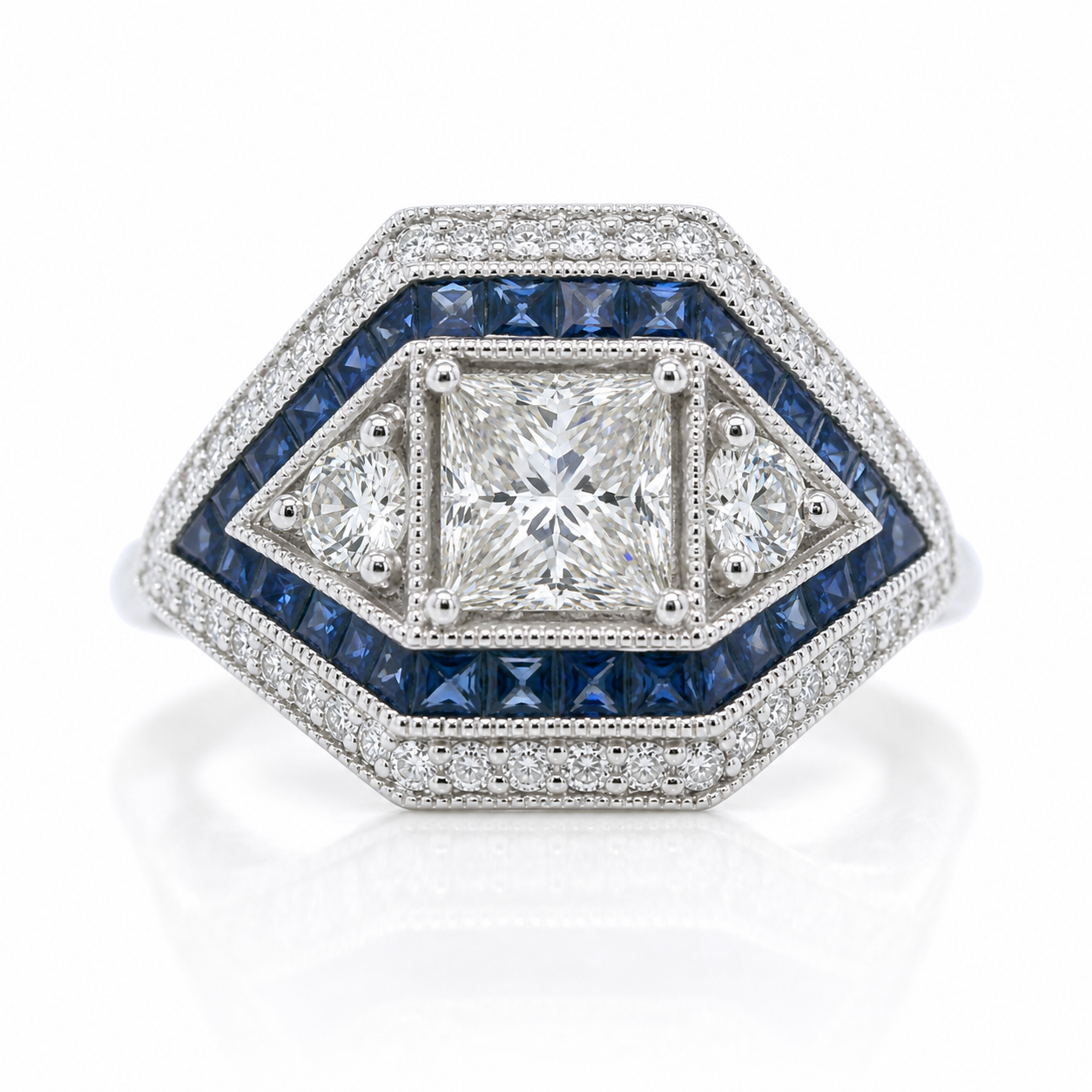 Natural Diamond and Sapphire Art Deco Bridal Cocktail Ring 18KT White Gold