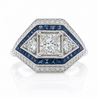 Natural Diamond and Sapphire Art Deco Bridal Cocktail Ring 18KT White Gold