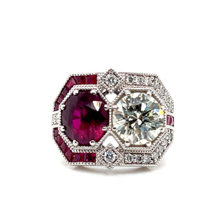 Natural Mined Diamond and Ruby Art Deco Cocktail Ring White Gold GIA Certified