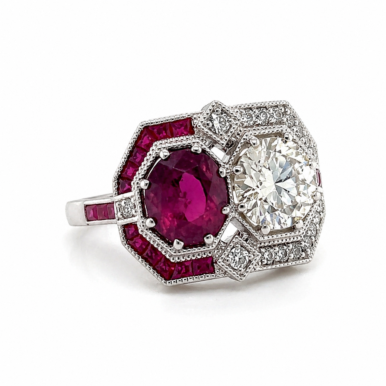 Natural Diamond and Ruby Art Deco Cocktail Ring 18KT White Gold