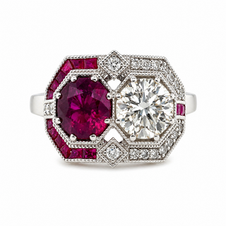 Natural Diamond and Ruby Art Deco Cocktail Ring 18KT White Gold
