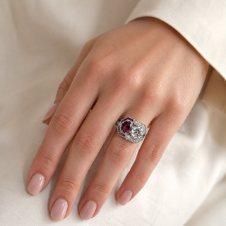 Natural Diamond and Ruby Art Deco Cocktail Ring 18KT White Gold