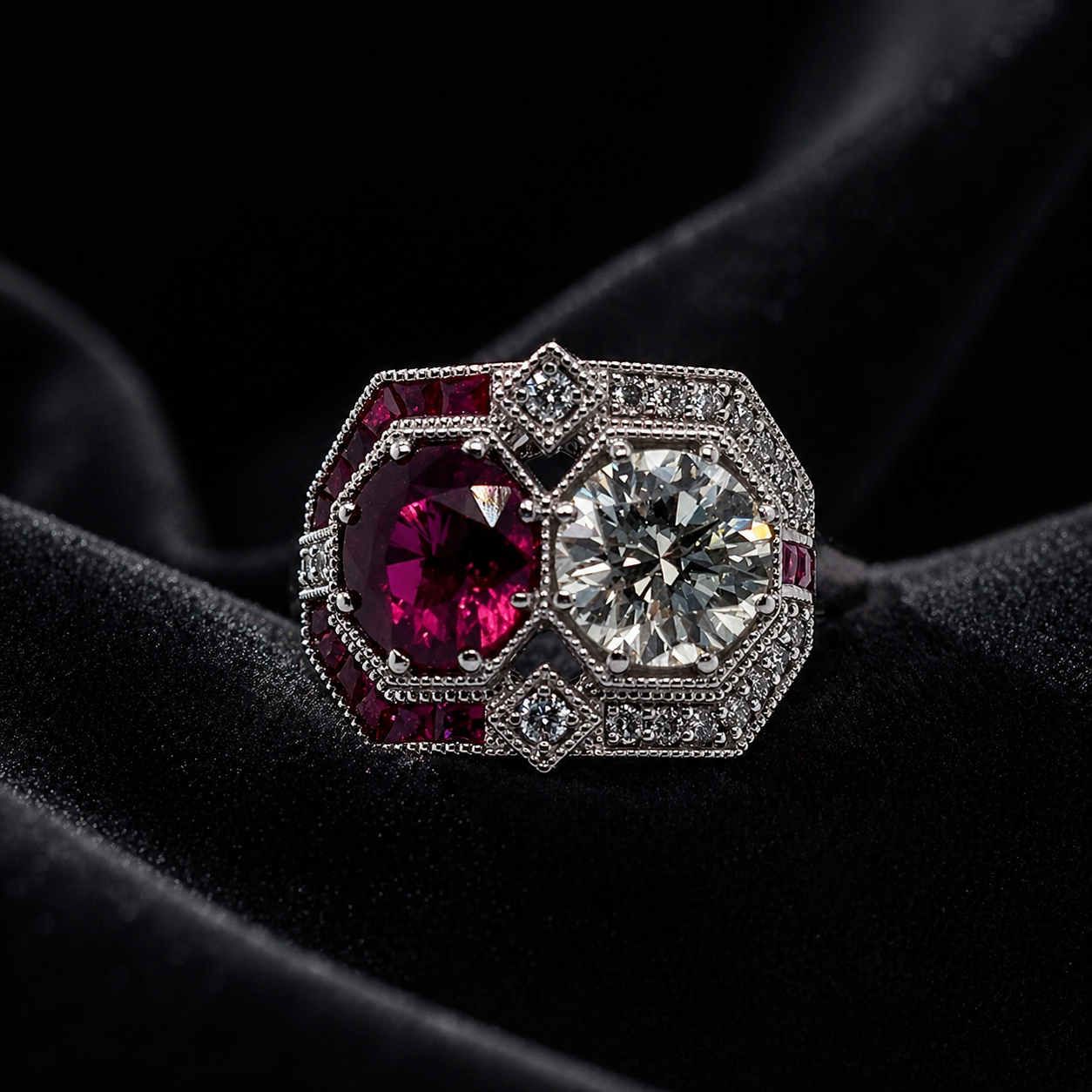 Natural Diamond and Ruby Art Deco Cocktail Ring 18KT White Gold