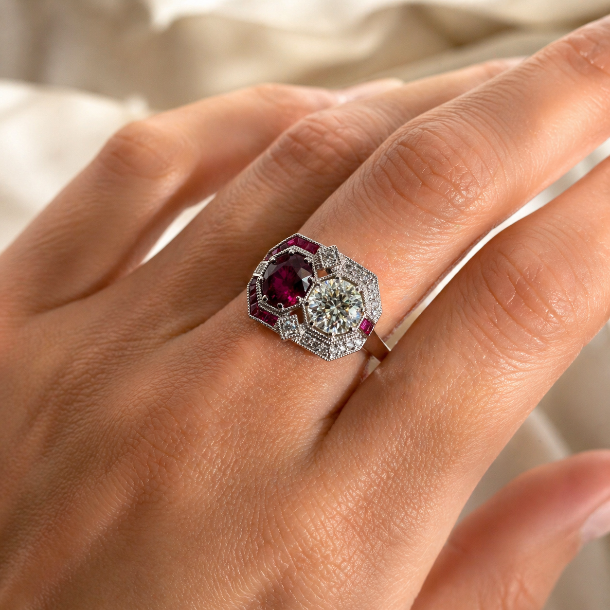 Natural Diamond and Ruby Art Deco Cocktail Ring 18KT White Gold
