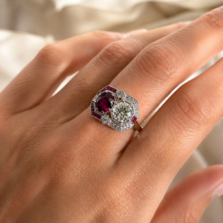 Natural Diamond and Ruby Art Deco Cocktail Ring 18KT White Gold