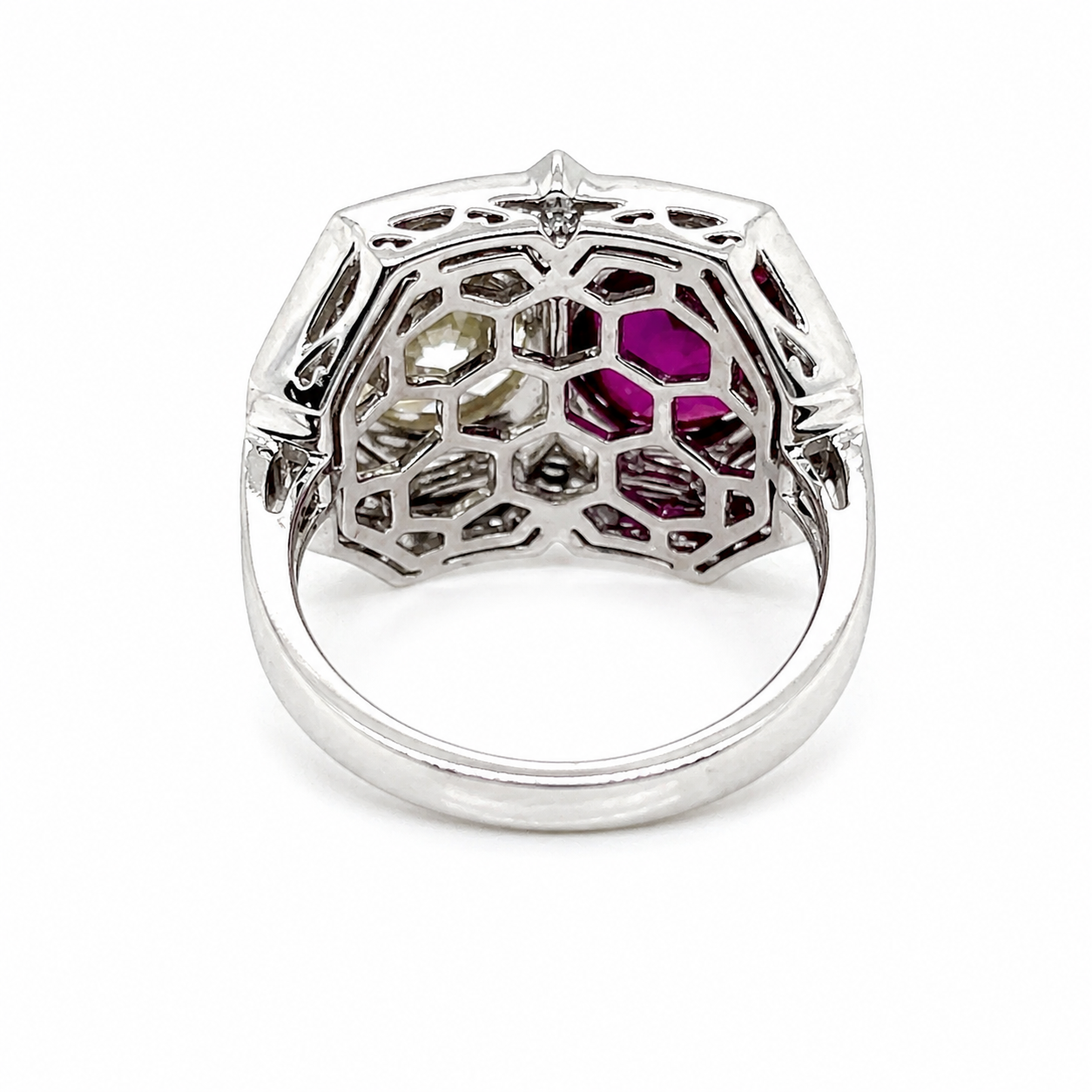 Natural Diamond and Ruby Art Deco Cocktail Ring 18KT White Gold