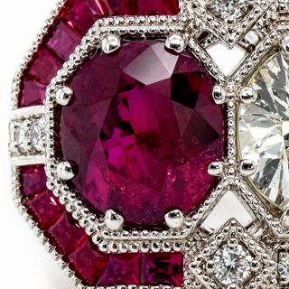 Natural Diamond and Ruby Art Deco Cocktail Ring 18KT White Gold