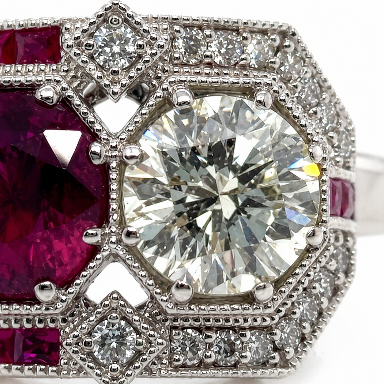 Natural Diamond and Ruby Art Deco Cocktail Ring 18KT White Gold