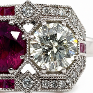 Natural Diamond and Ruby Art Deco Cocktail Ring 18KT White Gold