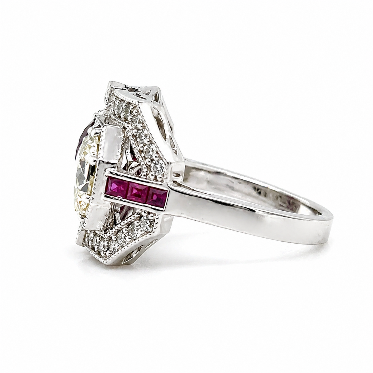 Natural Diamond and Ruby Art Deco Cocktail Ring 18KT White Gold