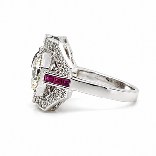 Natural Diamond and Ruby Art Deco Cocktail Ring 18KT White Gold