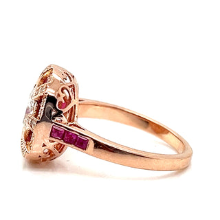 Natural Mined Diamond and Ruby Halo Art Deco Cocktail Ring Rose Gold GIA
