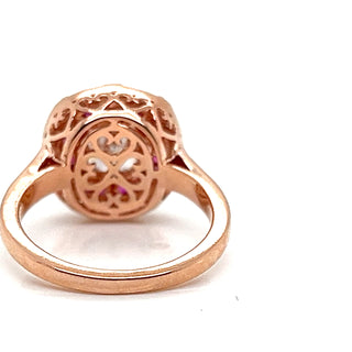Natural Mined Diamond and Ruby Halo Art Deco Cocktail Ring Rose Gold GIA