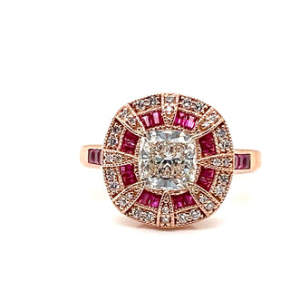 Natural Mined Diamond and Ruby Halo Art Deco Cocktail Ring Rose Gold GIA
