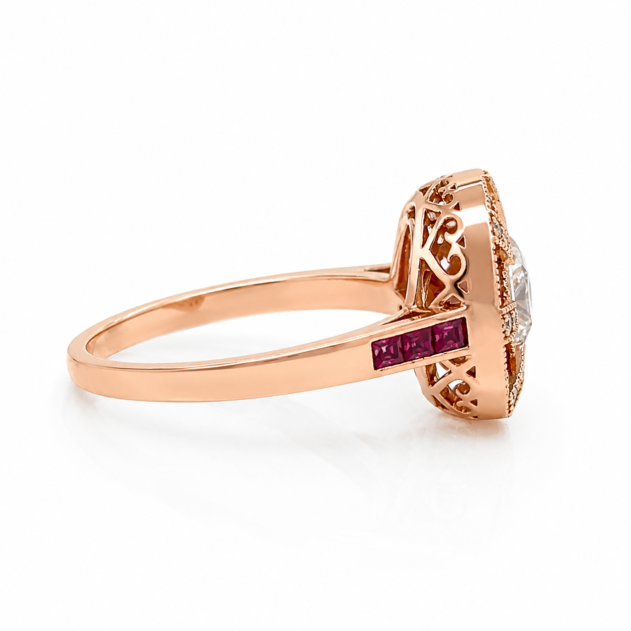 Natural Diamond and Ruby Halo Art Deco Cocktail Ring 18KT Rose Gold